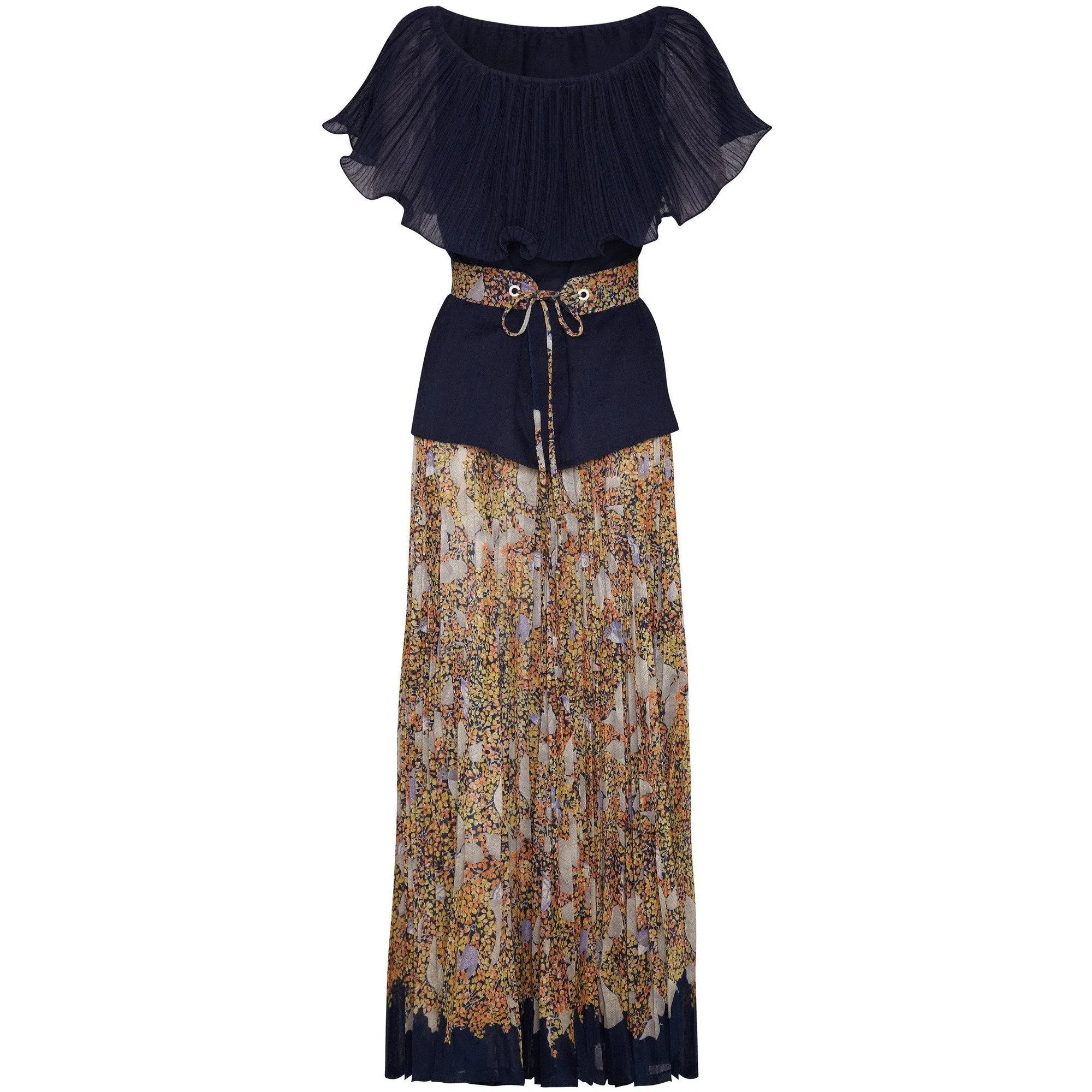 1970s Elissa Pleated Cotton Maxi Skirt and Navy Top Set