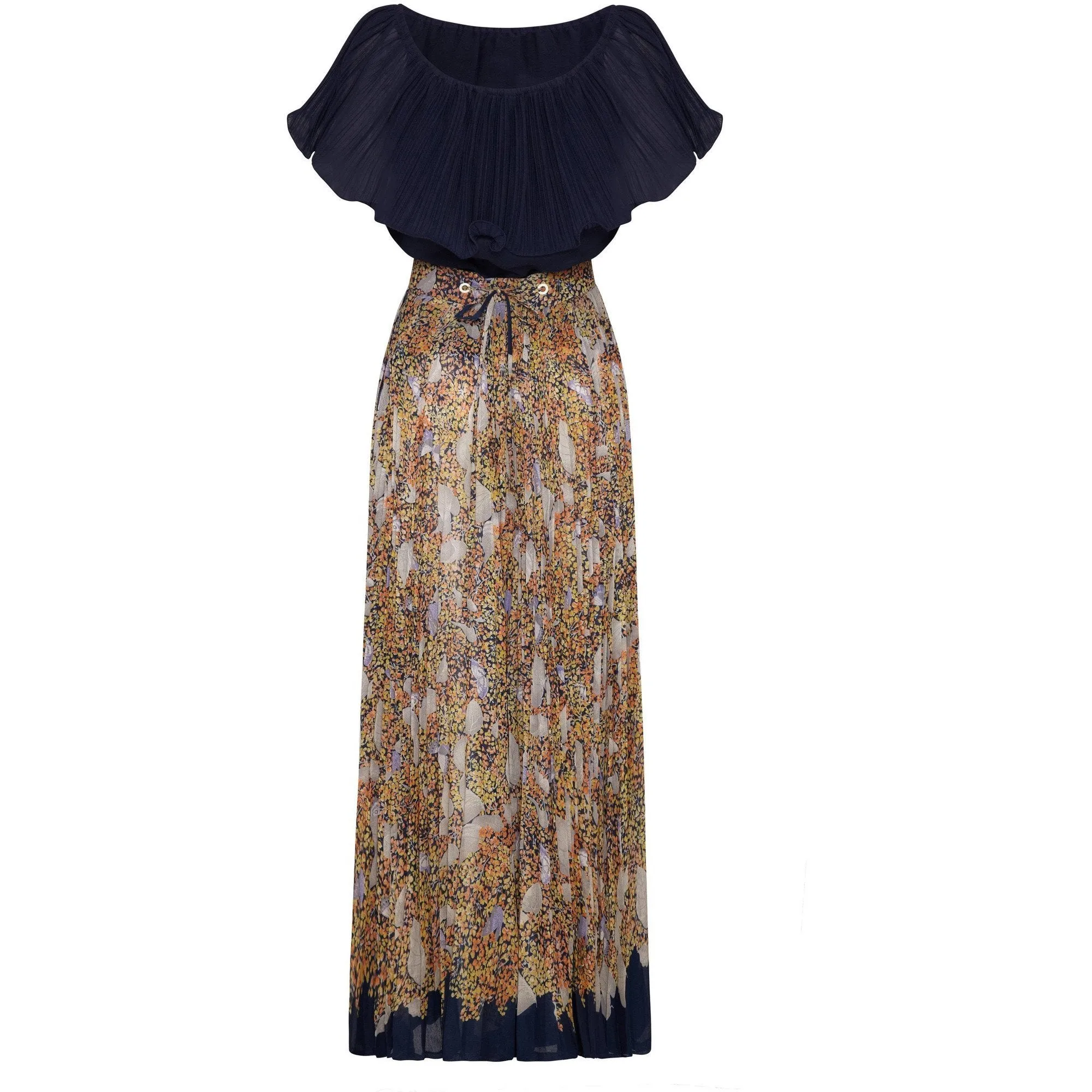 1970s Elissa Pleated Cotton Maxi Skirt and Navy Top Set