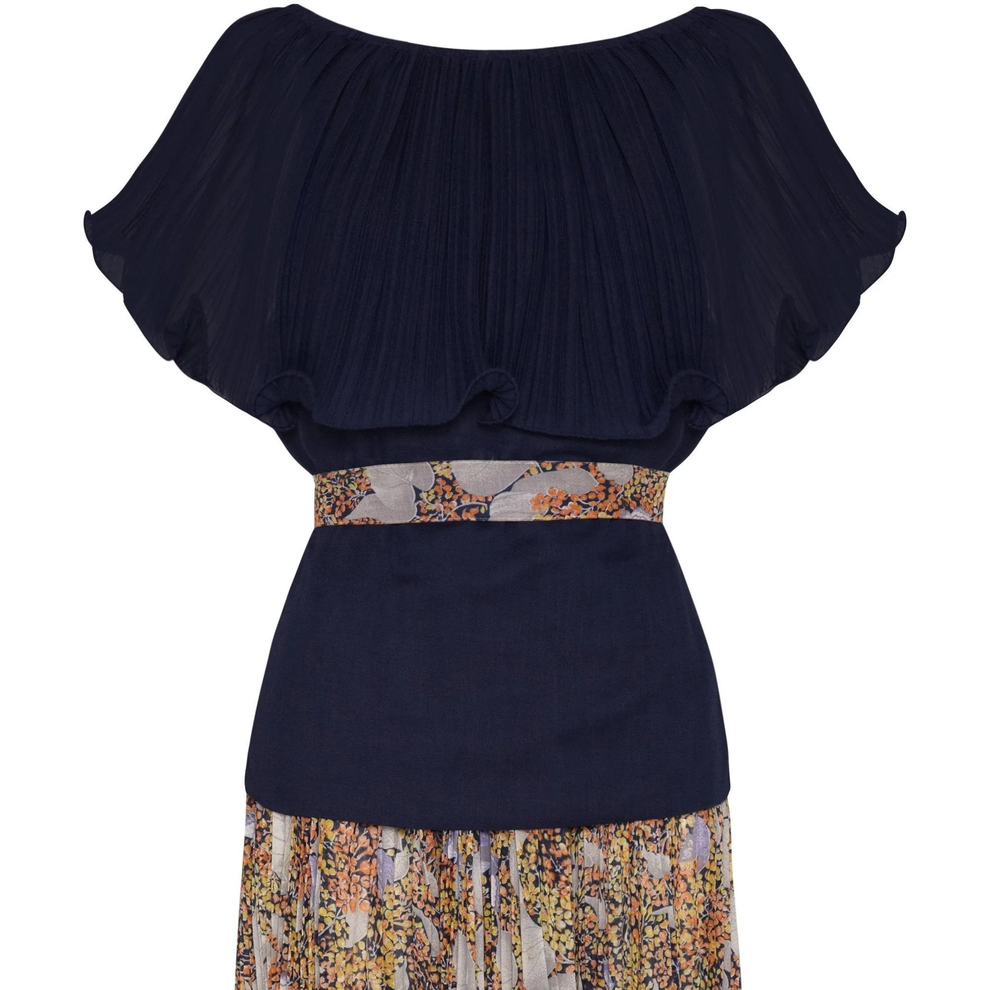 1970s Elissa Pleated Cotton Maxi Skirt and Navy Top Set