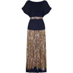 1970s Elissa Pleated Cotton Maxi Skirt and Navy Top Set