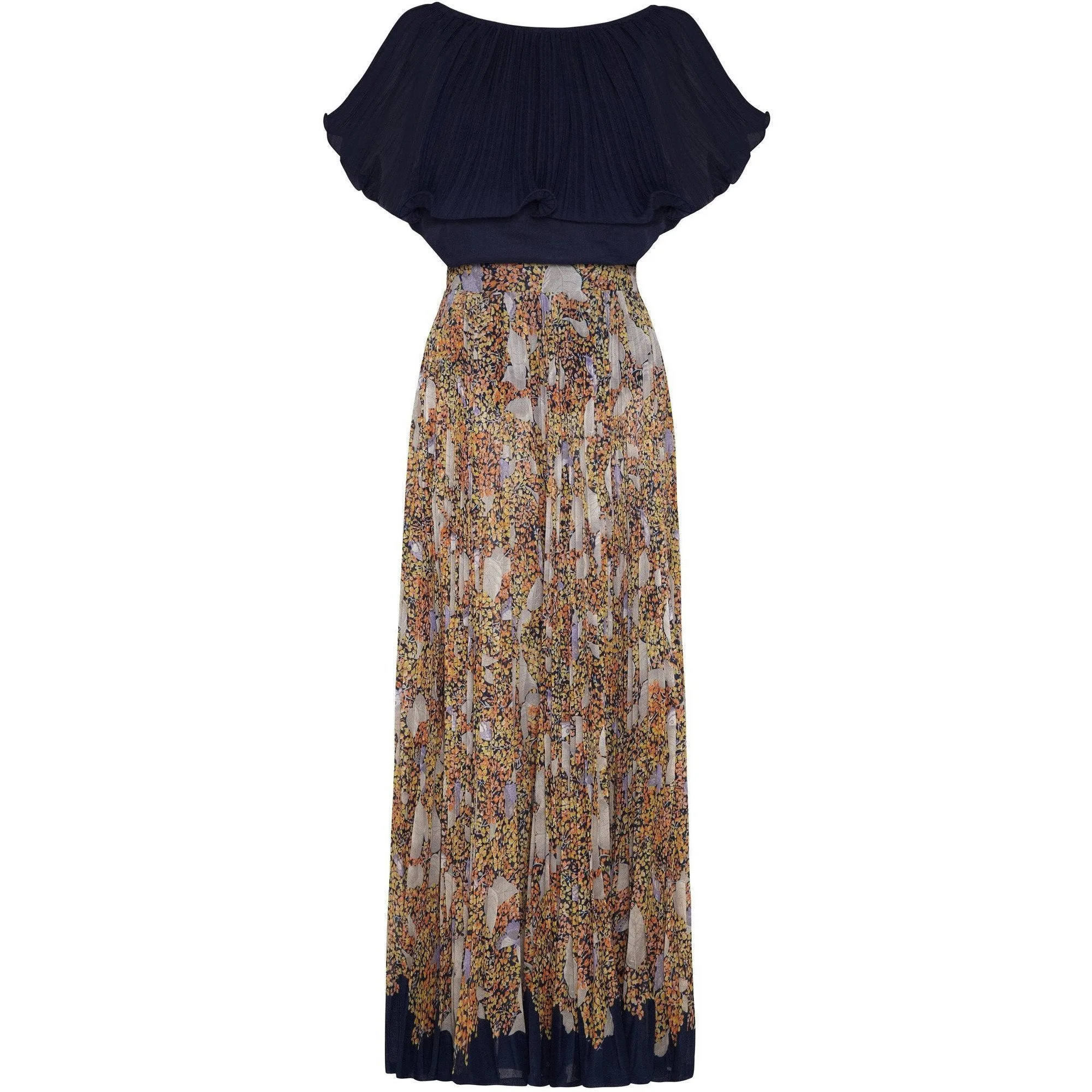 1970s Elissa Pleated Cotton Maxi Skirt and Navy Top Set