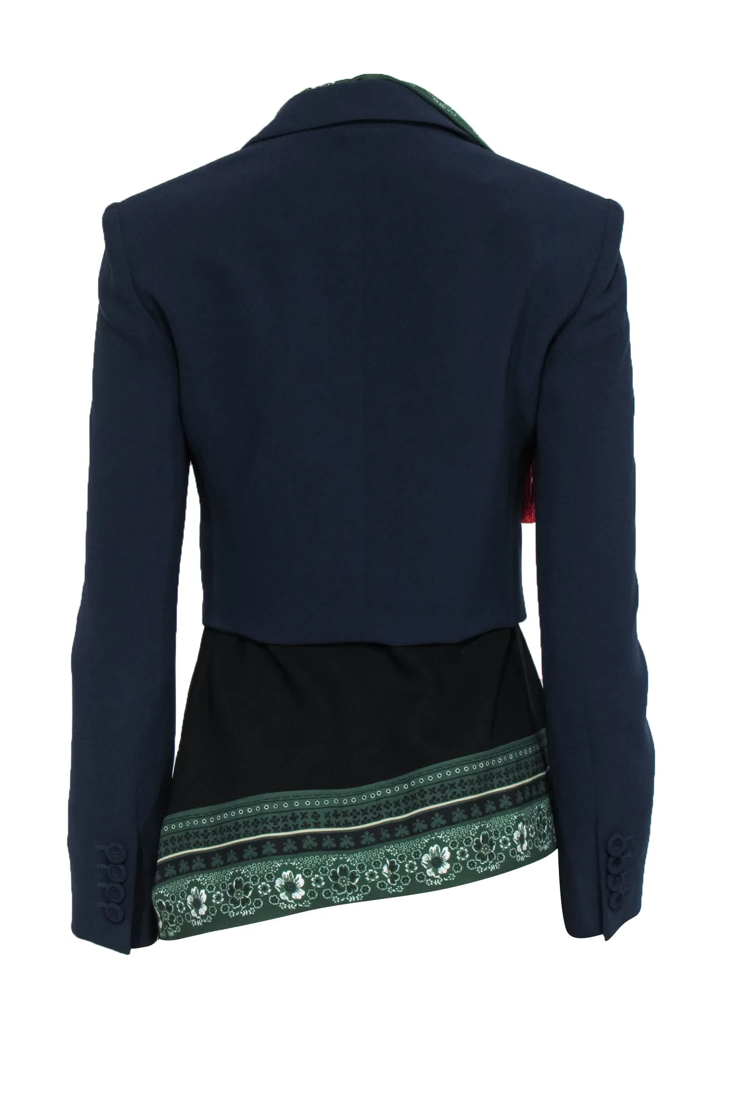 Altuzarra - Navy Collared Blazer w/ Printed Scarf Lining & Fringe Underlay Sz 6