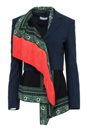 Altuzarra - Navy Collared Blazer w/ Printed Scarf Lining & Fringe Underlay Sz 6
