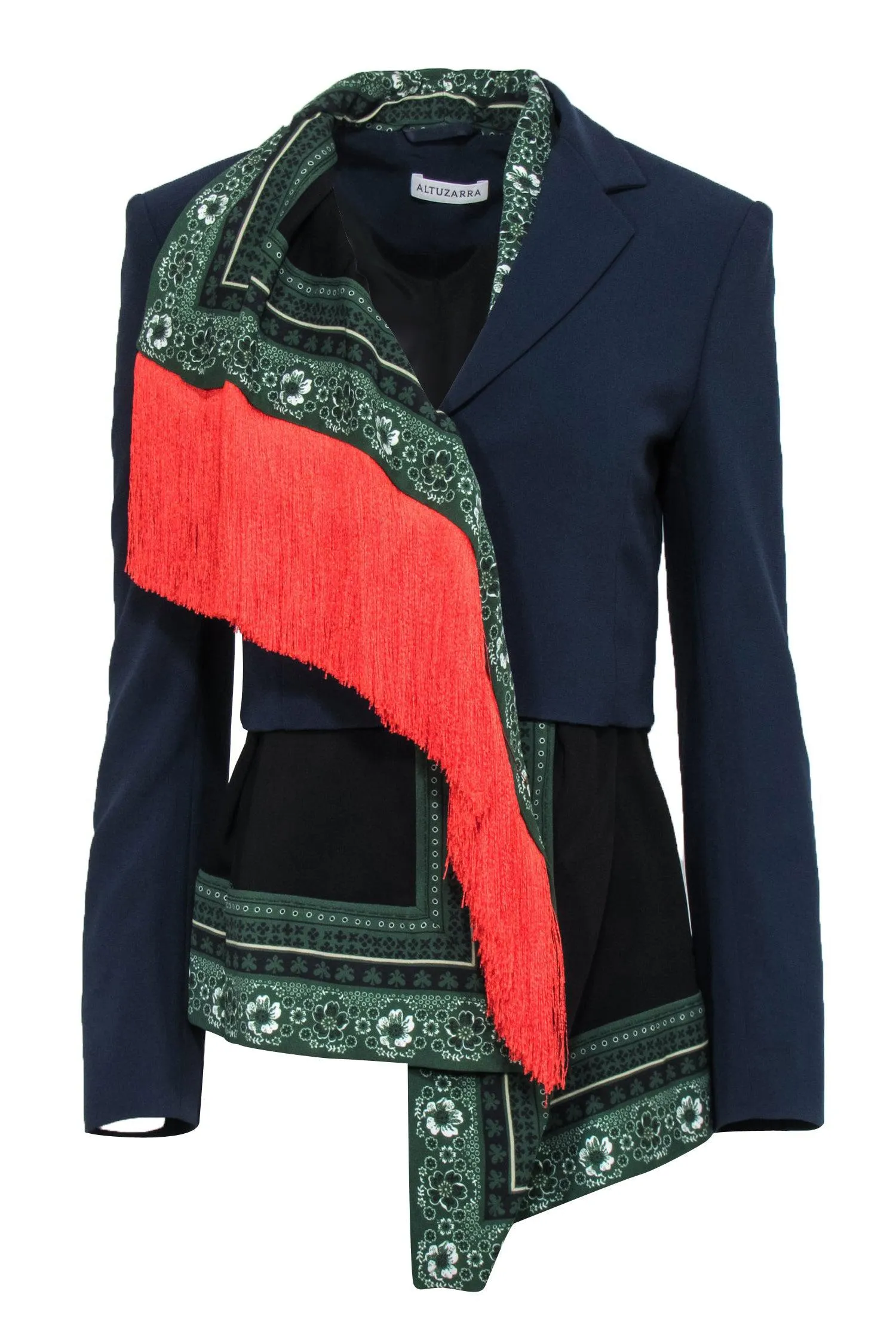 Altuzarra - Navy Collared Blazer w/ Printed Scarf Lining & Fringe Underlay Sz 6