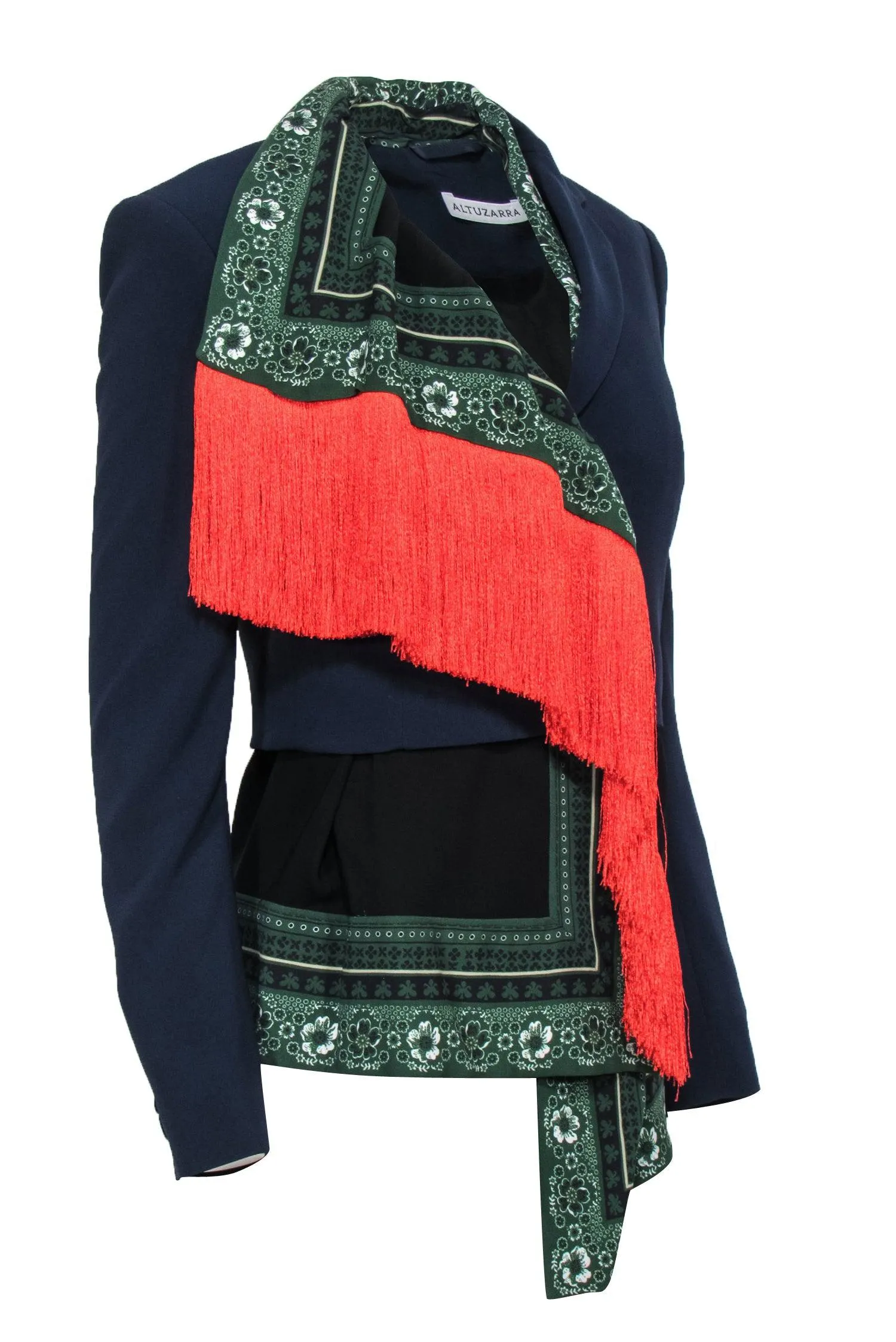 Altuzarra - Navy Collared Blazer w/ Printed Scarf Lining & Fringe Underlay Sz 6