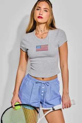 American Flag Embroidered Gray Baby Tee
