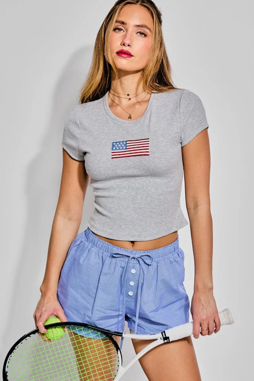 American Flag Embroidered Gray Baby Tee