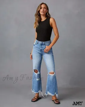 Amy Fashion - 2024 New Fashion High Waist Straight Denim Vintage Tassel Women Baggy Spring Summer Blue Jean