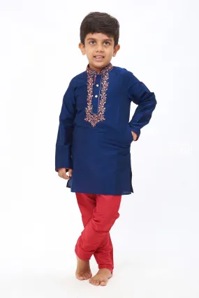 ASU. Boys Navy Blue and Red Embroidered Kurta with Pants Set - Festive Ethnic Attire for Kids