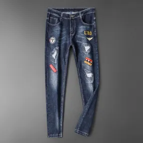 Badges Embroidery and Patchwork Decorated Jeans