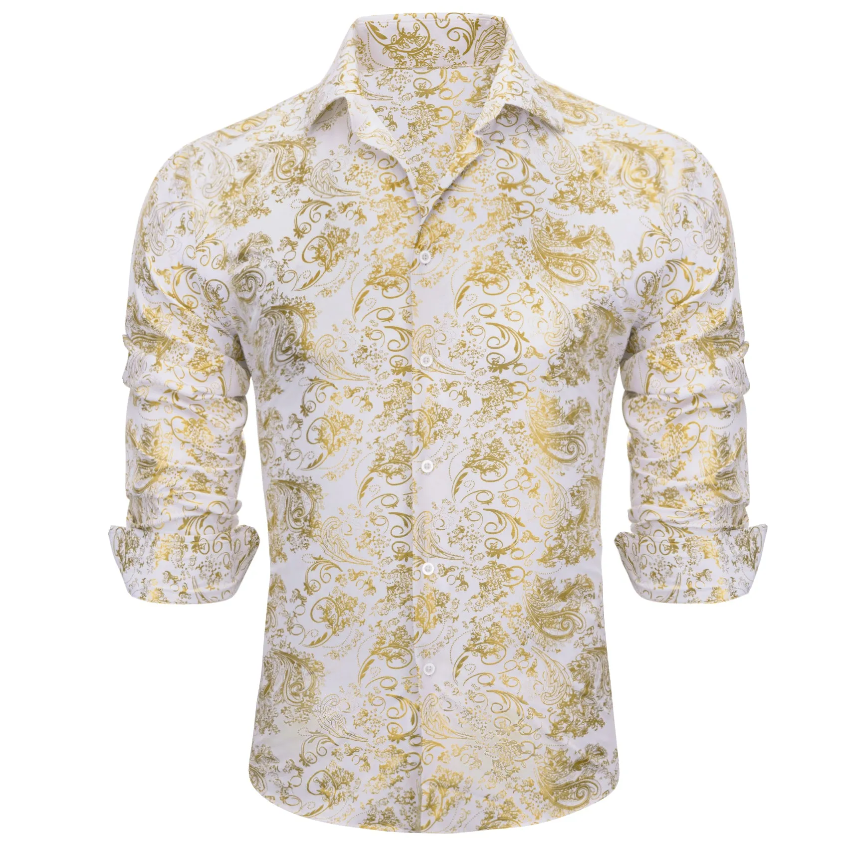 Barry Wang Button Down Shirt White Gold Paisley Silk Shirt for Mens