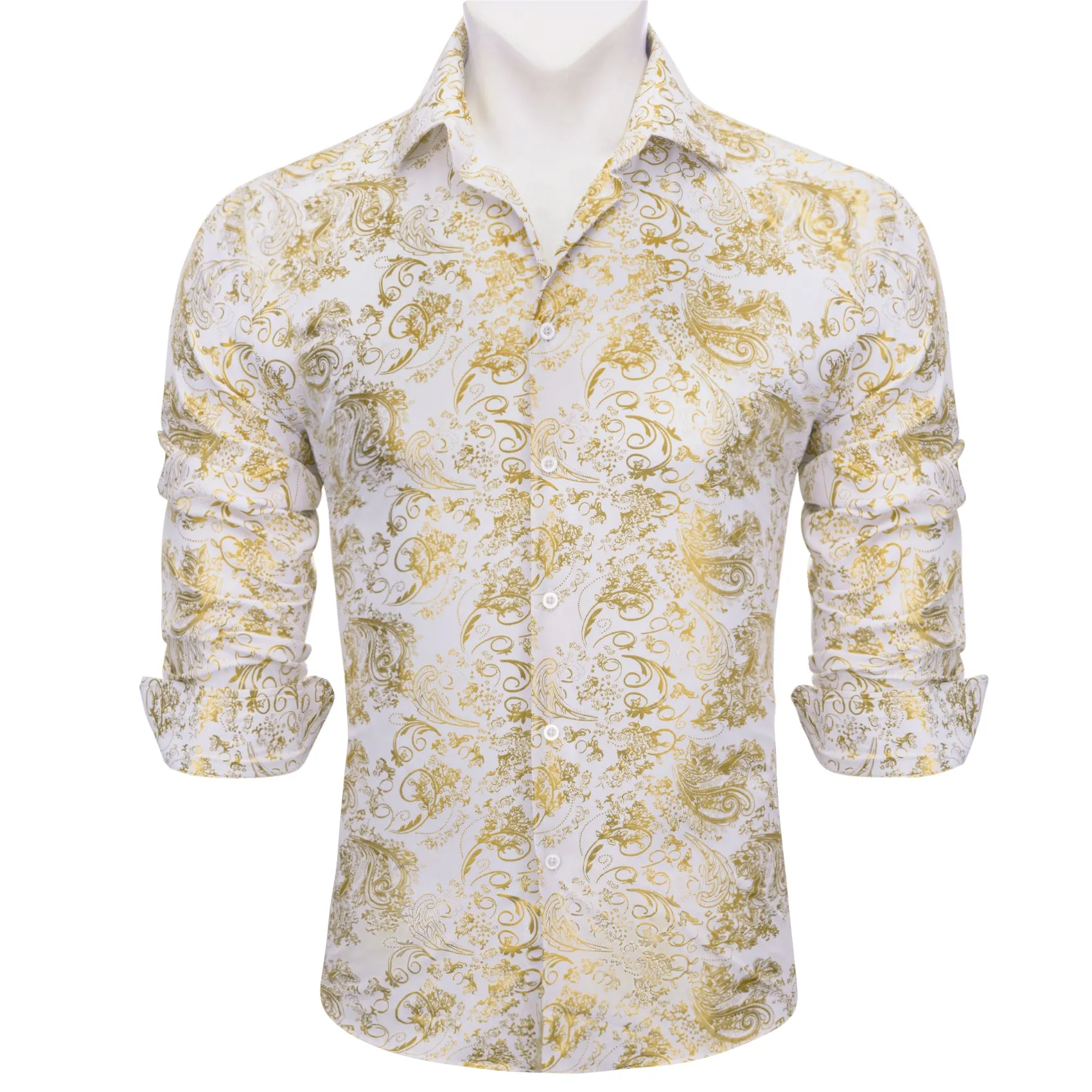Barry Wang Button Down Shirt White Gold Paisley Silk Shirt for Mens