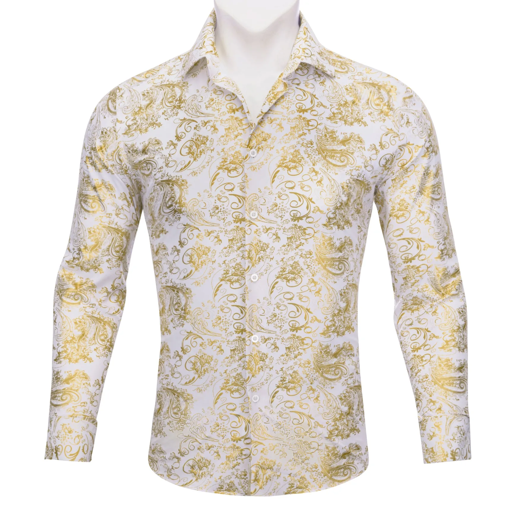 Barry Wang Button Down Shirt White Gold Paisley Silk Shirt for Mens