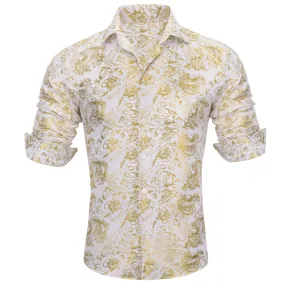 Barry Wang Button Down Shirt White Gold Paisley Silk Shirt for Mens