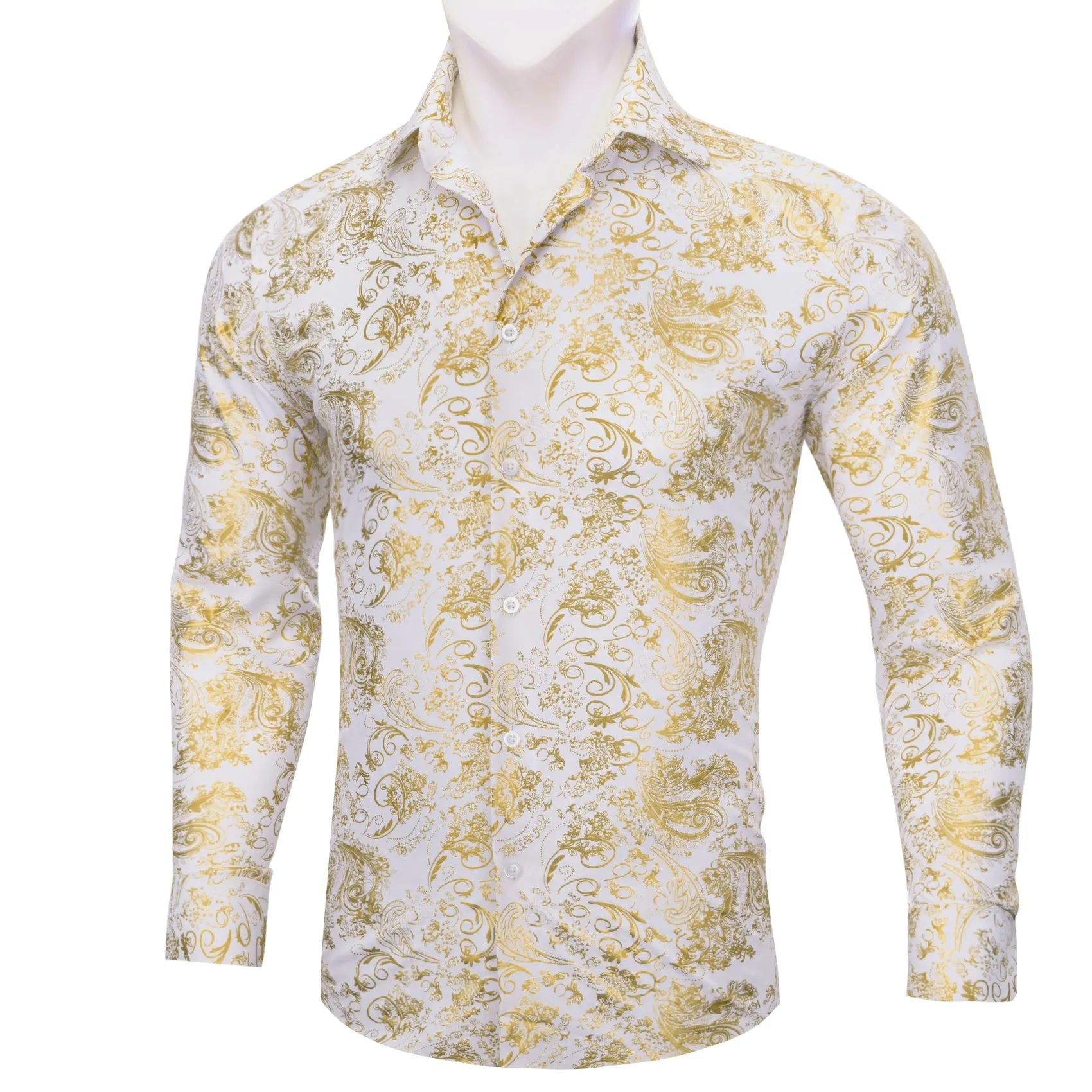 Barry Wang Button Down Shirt White Gold Paisley Silk Shirt for Mens