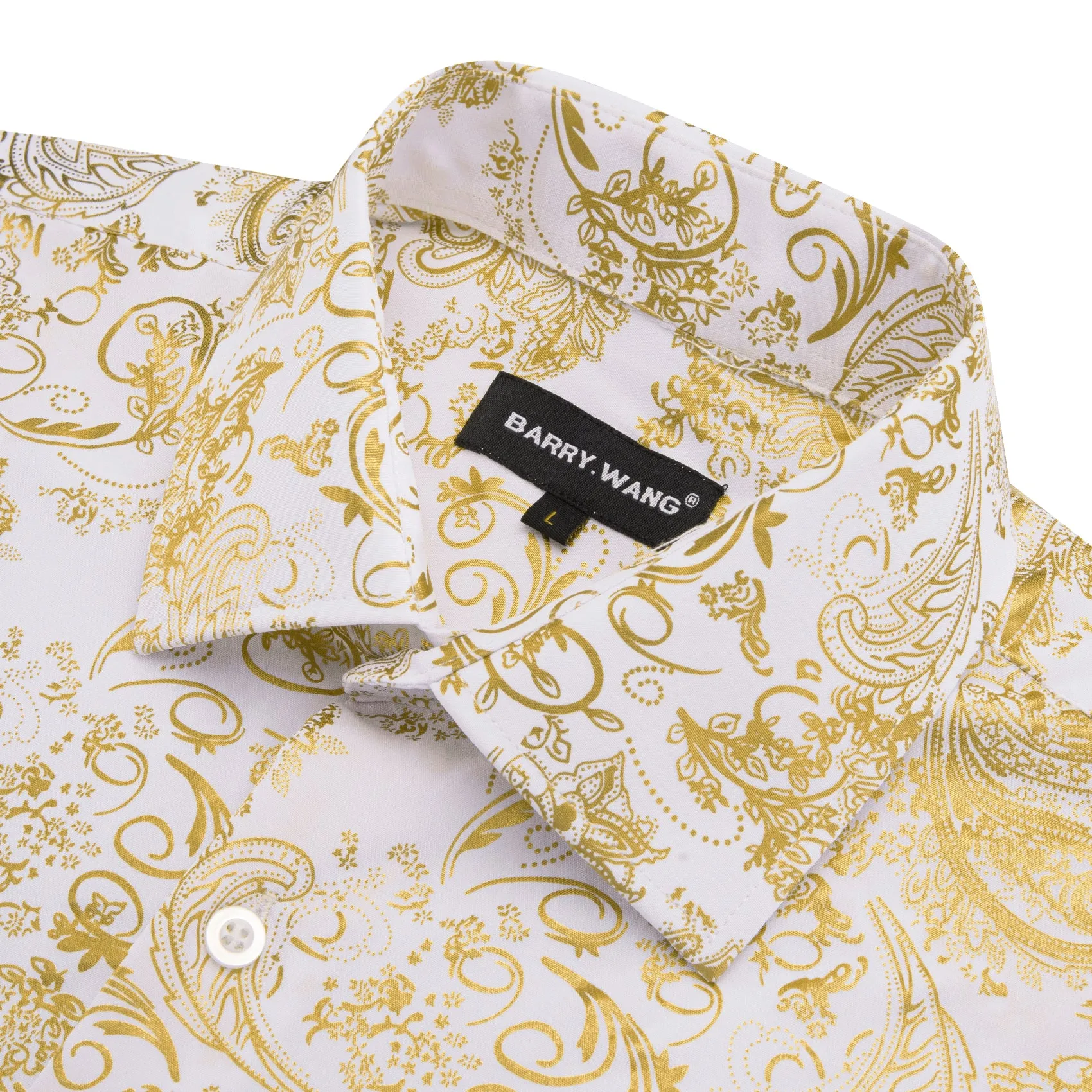 Barry Wang Button Down Shirt White Gold Paisley Silk Shirt for Mens