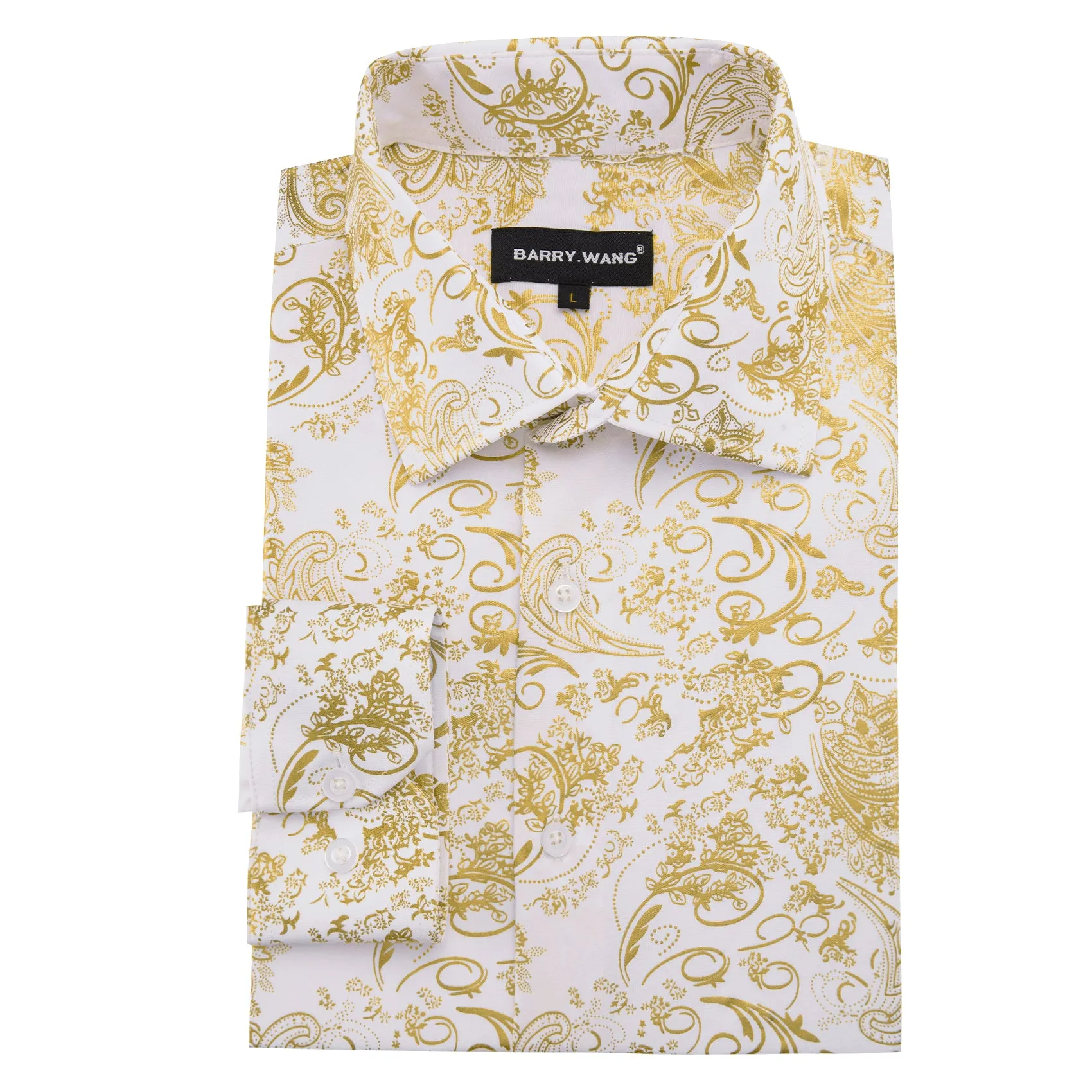 Barry Wang Button Down Shirt White Gold Paisley Silk Shirt for Mens
