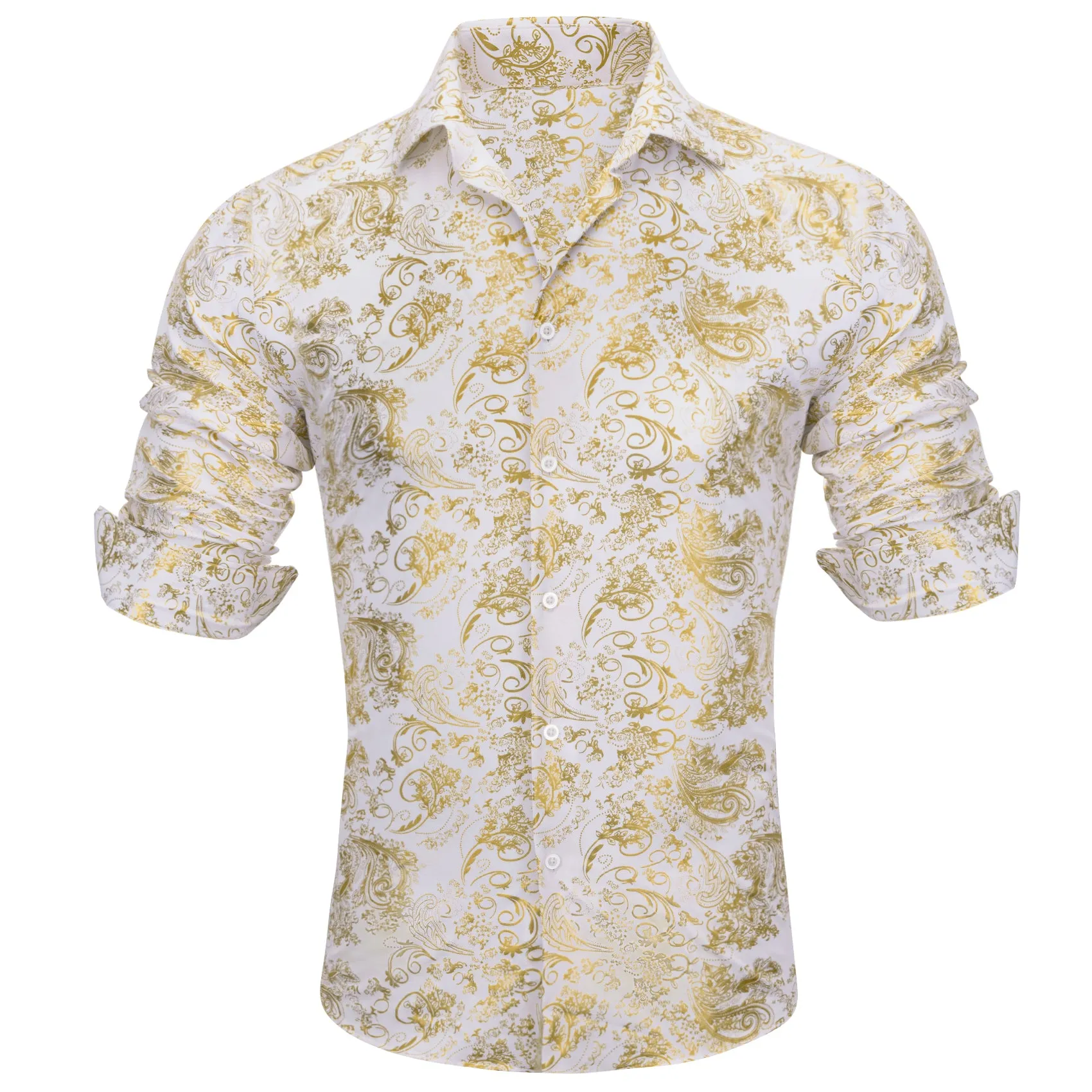 Barry Wang Button Down Shirt White Gold Paisley Silk Shirt for Mens