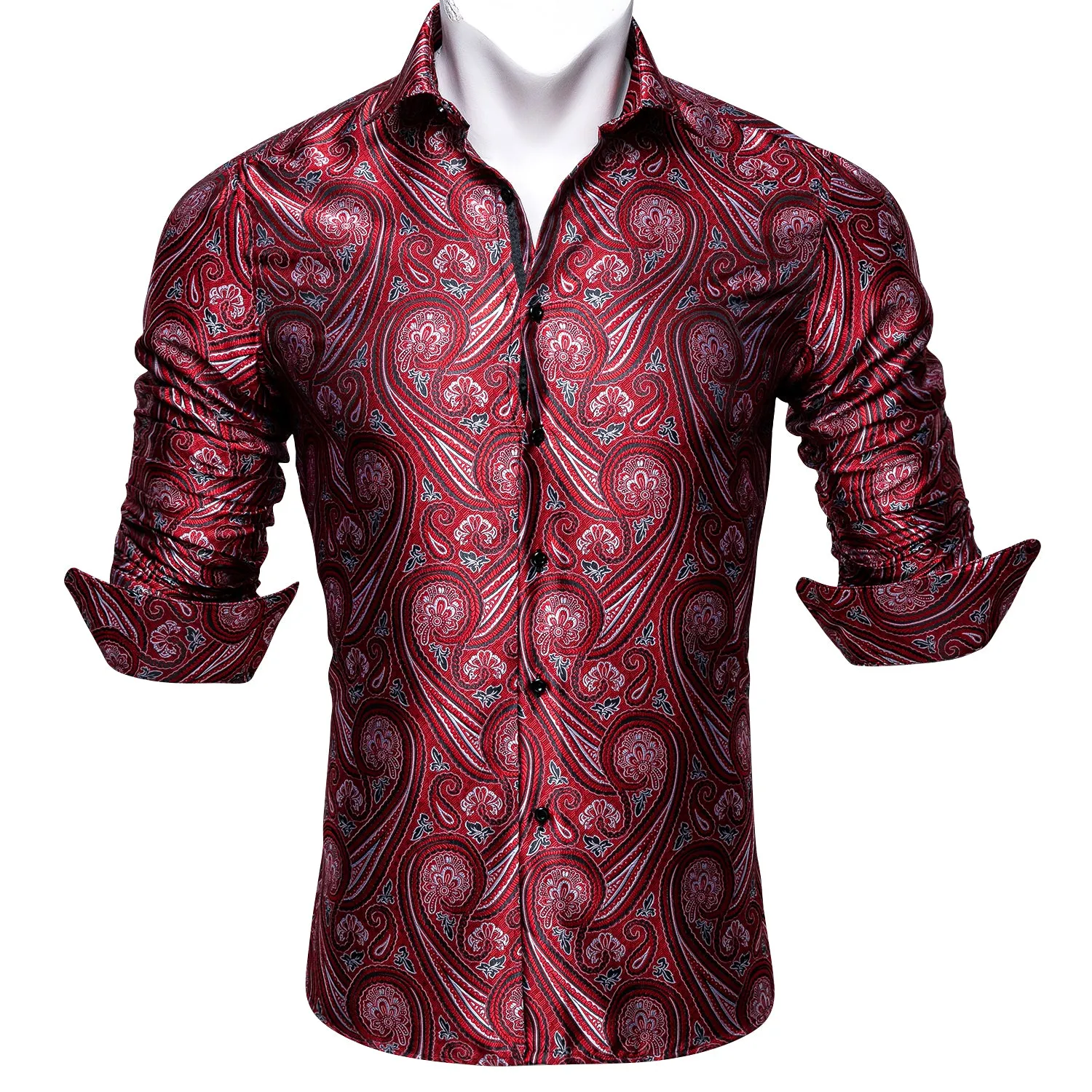 Barry Wang Fashionable Red Paisley Silk Long Sleeve Men's Dress Shirt