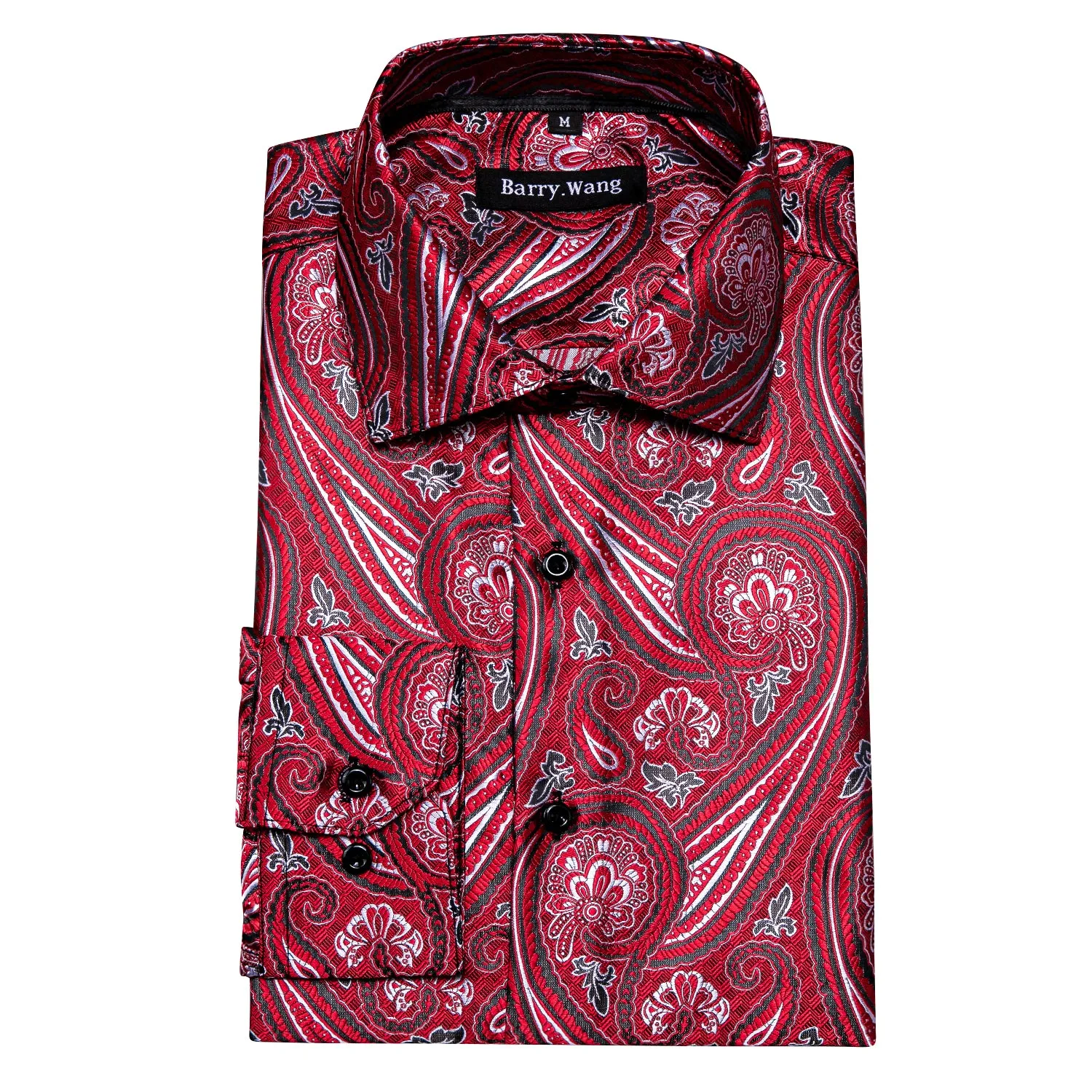 Barry Wang Fashionable Red Paisley Silk Long Sleeve Men's Dress Shirt