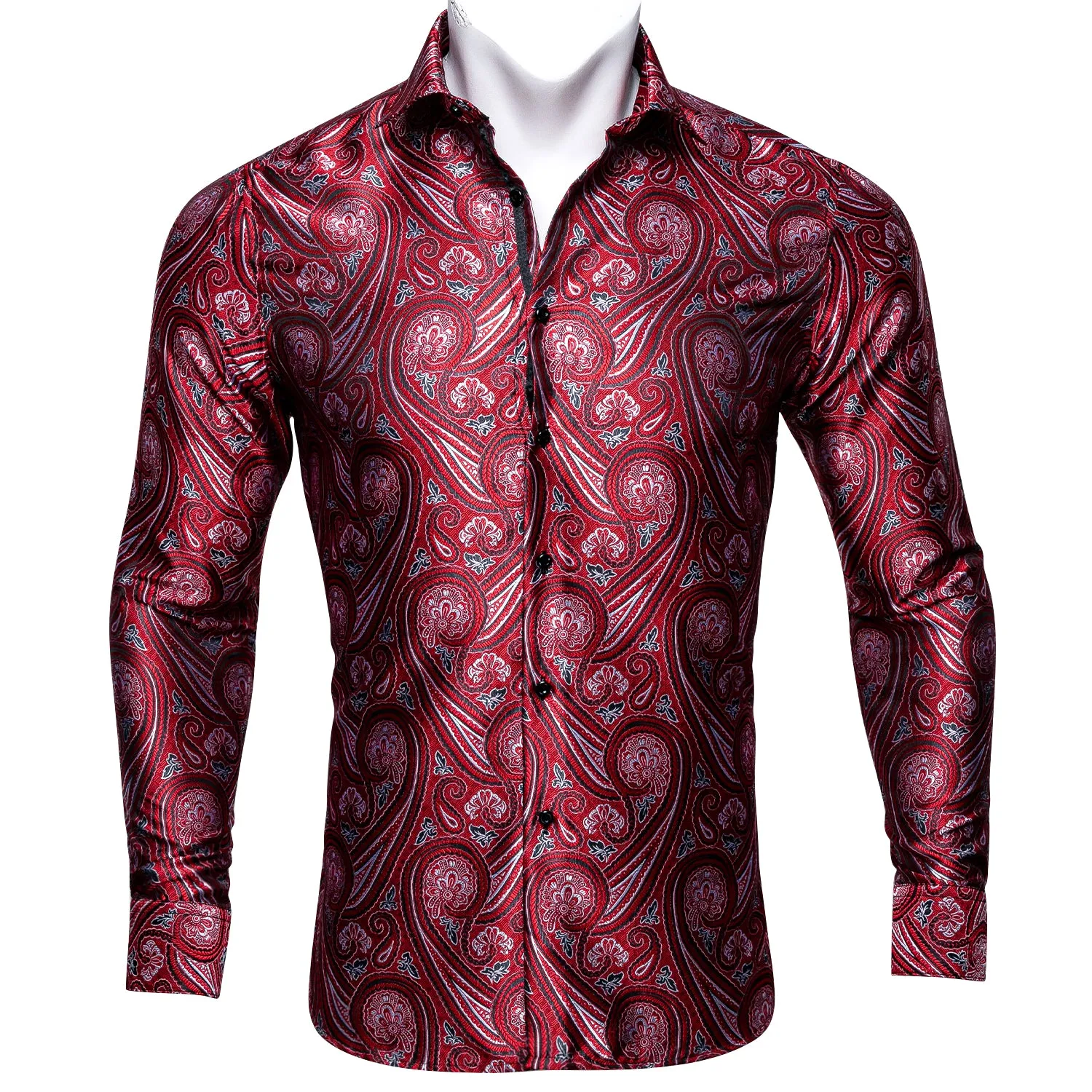 Barry Wang Fashionable Red Paisley Silk Long Sleeve Men's Dress Shirt