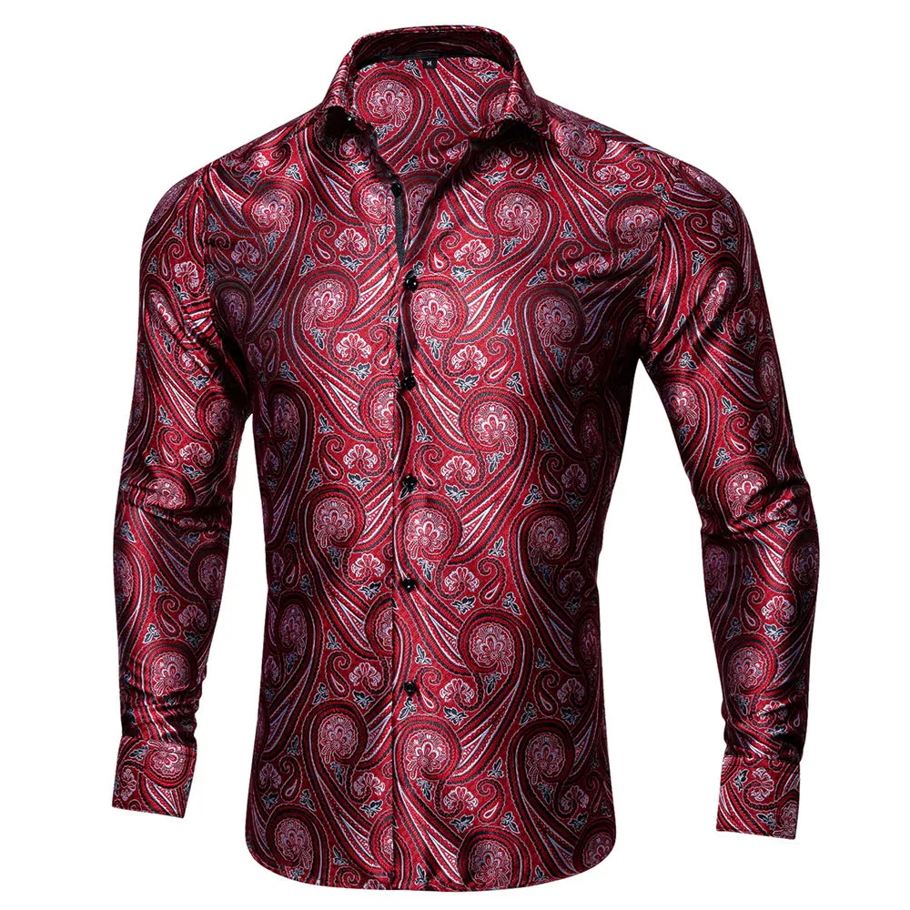 Barry Wang Fashionable Red Paisley Silk Long Sleeve Men's Dress Shirt