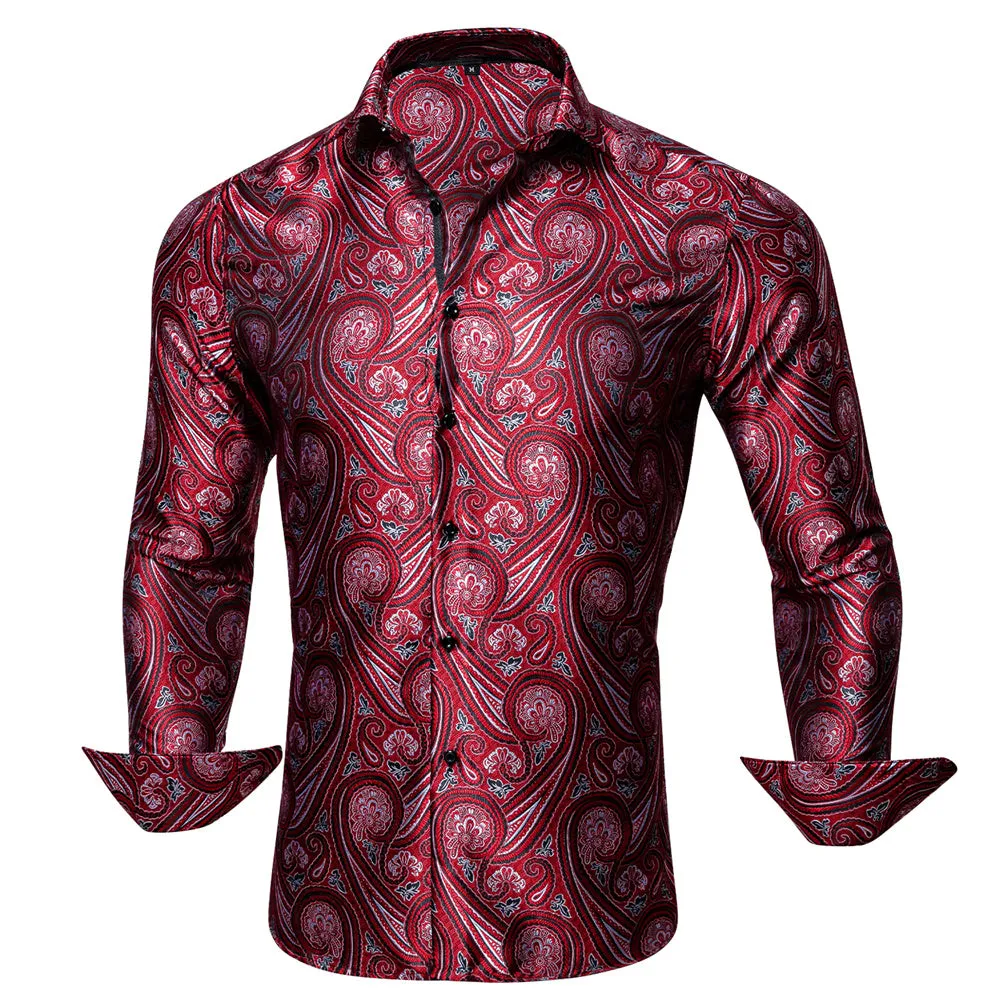 Barry Wang Fashionable Red Paisley Silk Long Sleeve Men's Dress Shirt