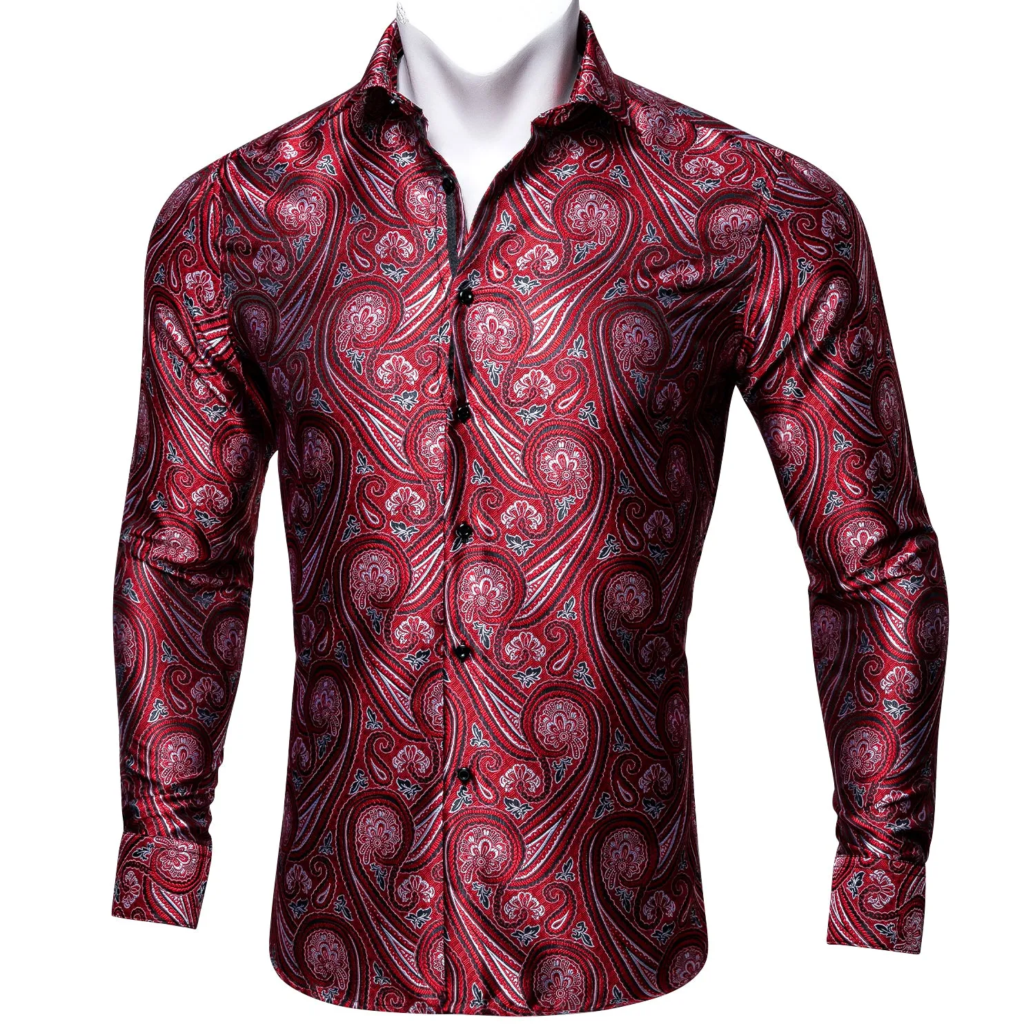 Barry Wang Fashionable Red Paisley Silk Long Sleeve Men's Dress Shirt