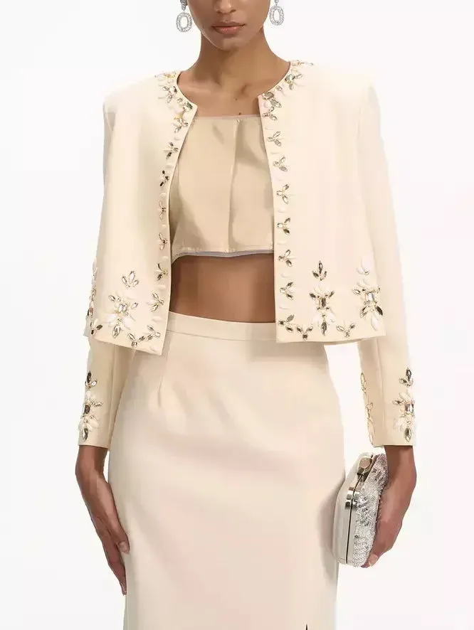 Bead-Embellished Cropped Jacket and Skirt Set