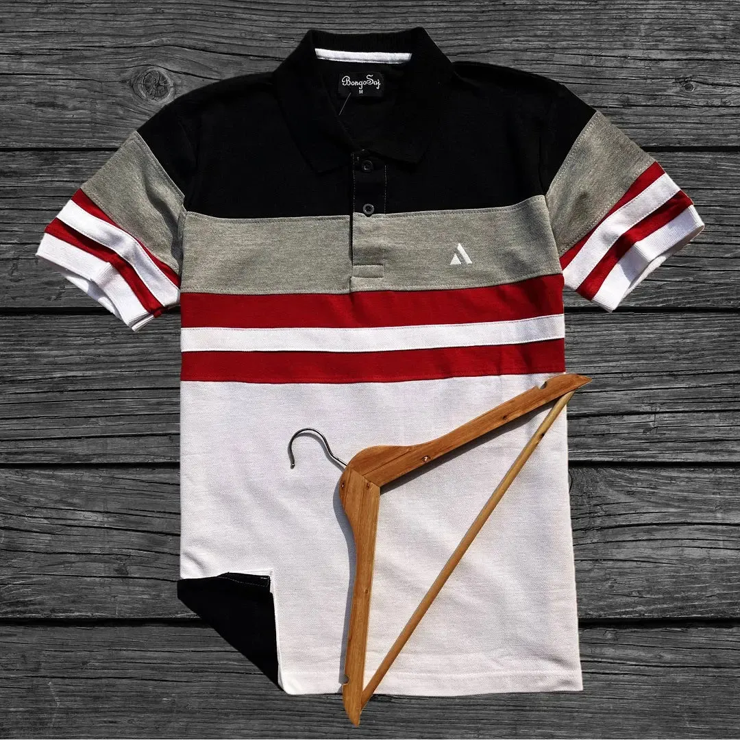 Black Melange White with Red Stripe Polo T-Shirt