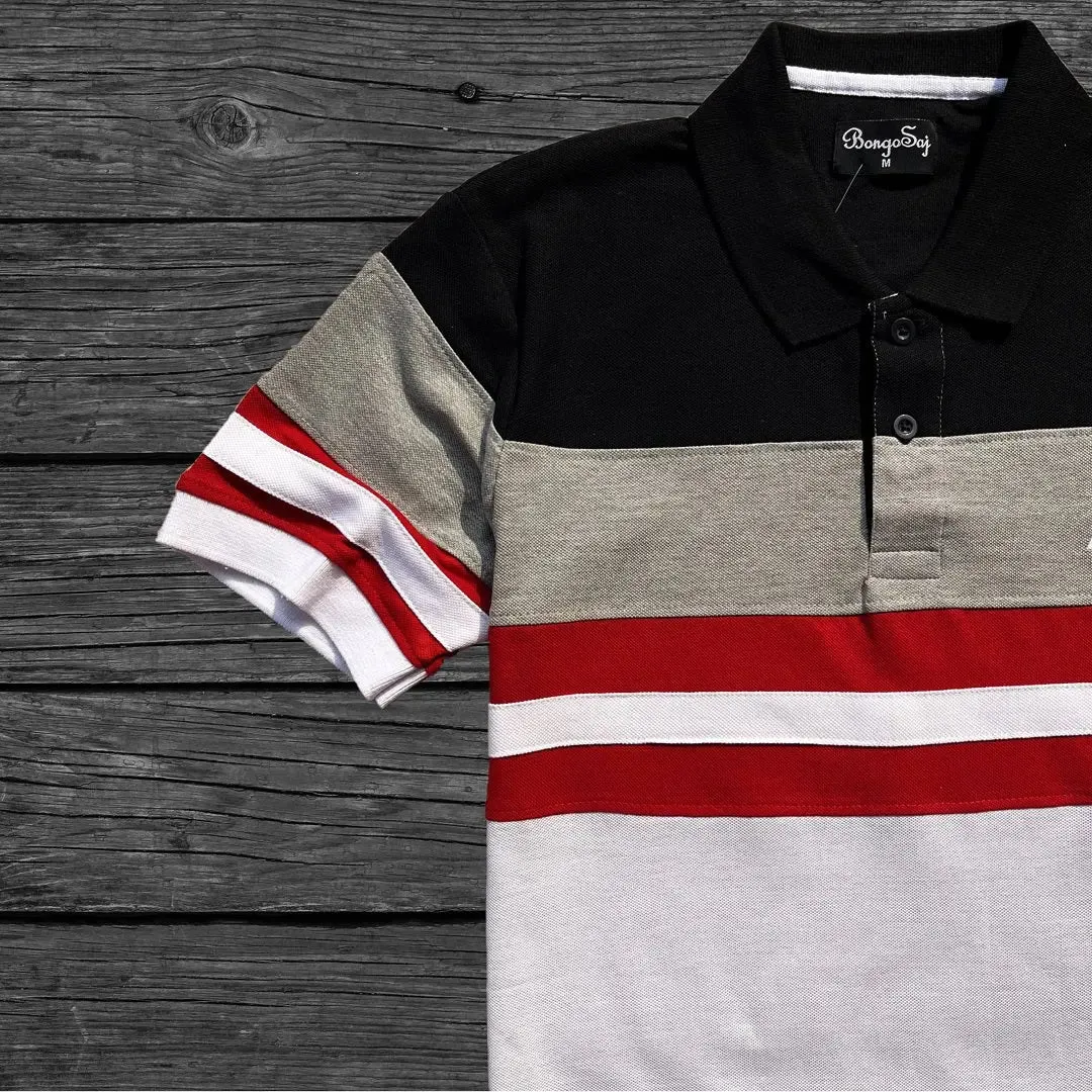 Black Melange White with Red Stripe Polo T-Shirt