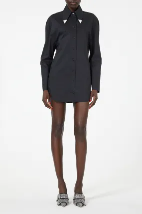 Black Poplin Mini Shirt Dress | Crystal Lapel