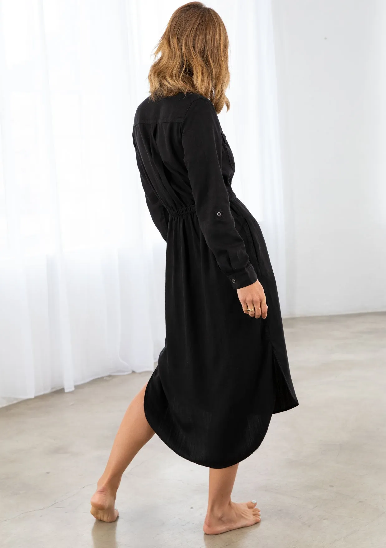Black Tencel 3/4 Sleeve Button Down Shirt Dress