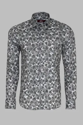 Bloom Patterned Dark Slim Fit Grey Men Shirt - Wessi