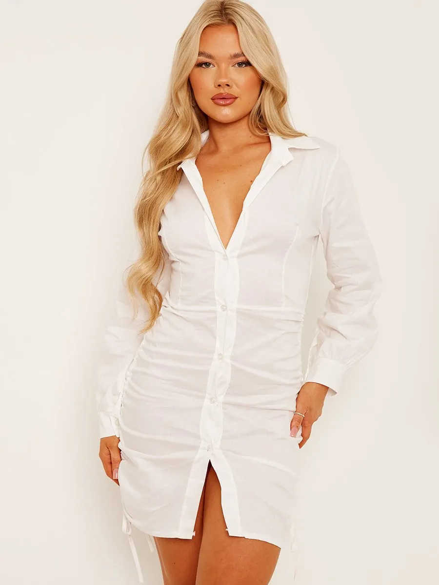 Bobbi Side Ruched Buttoned Shirt Dress In White