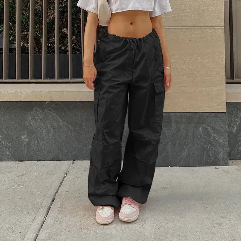 Bonnyshow Black Cargo Pants Women Clothes Streetwear Bandage Fashion Pockets Summer Sweatpants Loose Pants Aesthetic Casual Baggy Trousers