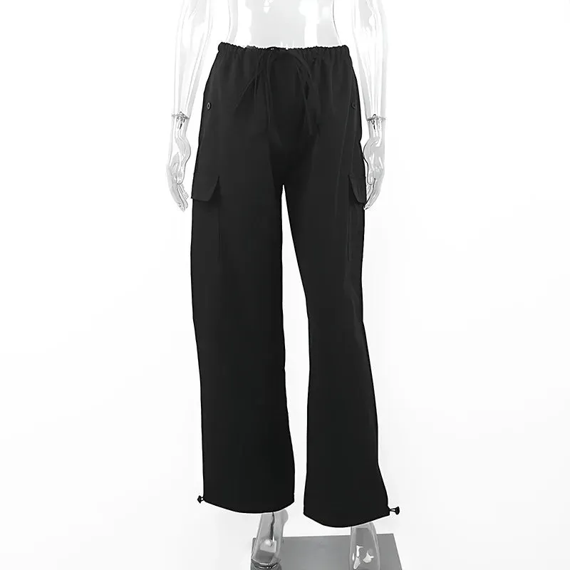Bonnyshow Black Cargo Pants Women Clothes Streetwear Bandage Fashion Pockets Summer Sweatpants Loose Pants Aesthetic Casual Baggy Trousers