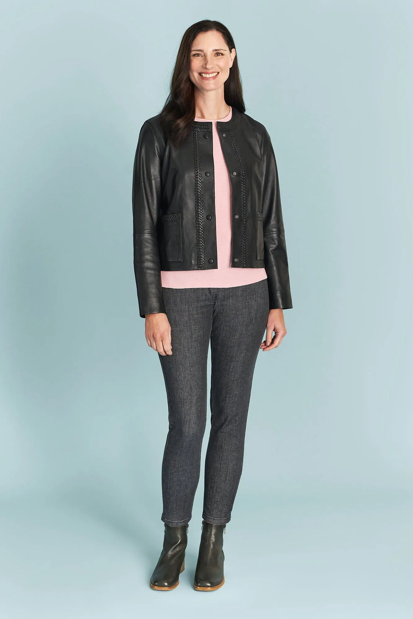 Braid Detail Leather Jacket - Black