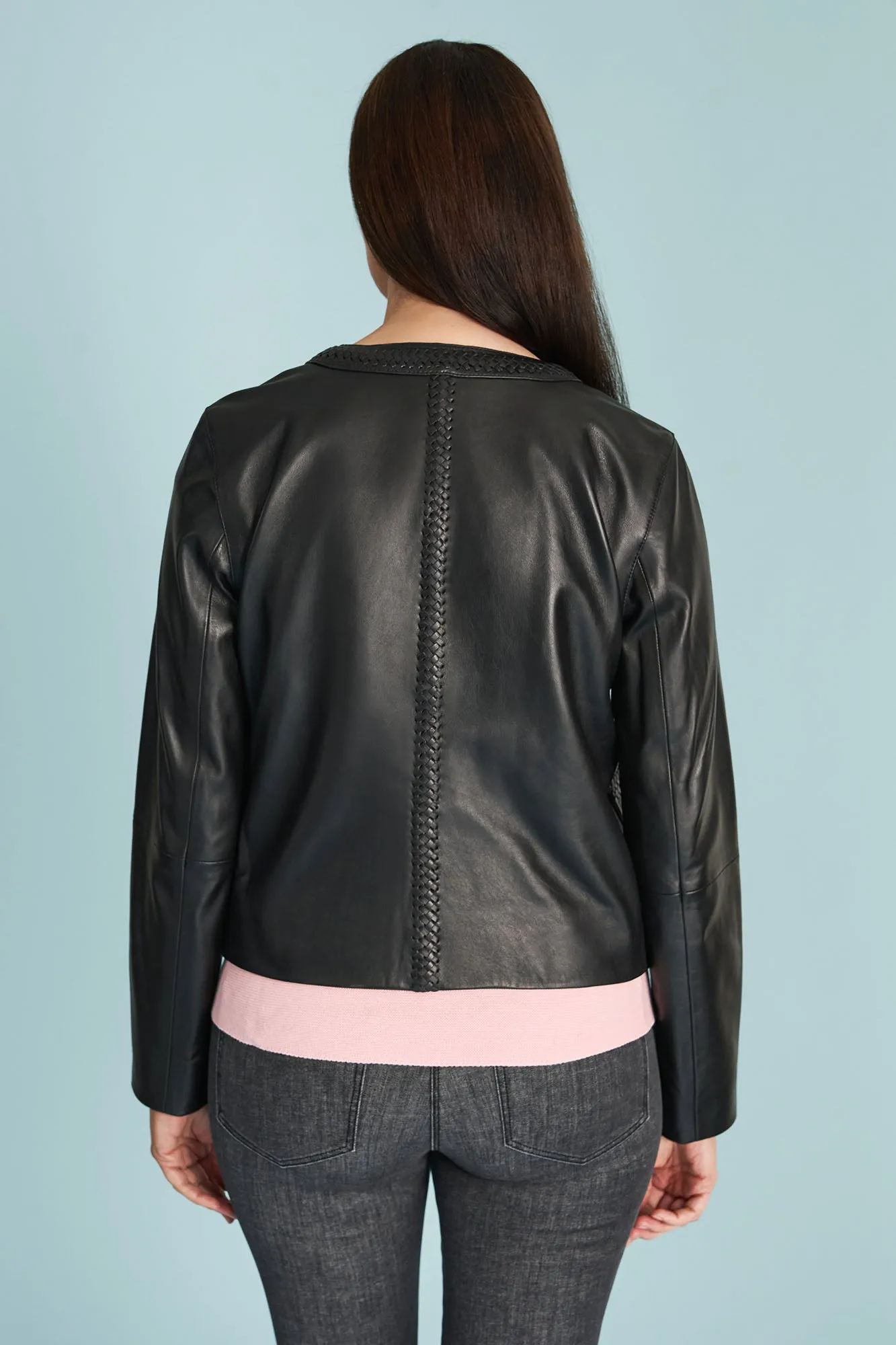 Braid Detail Leather Jacket - Black