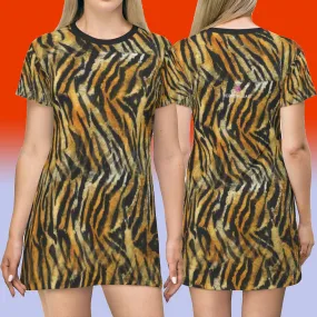 Bright Tiger Striped T-Shirt Dress, Animal Print Crew Neck Long Tee Shirt Dress - Made in USA