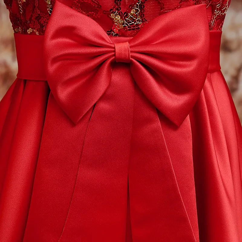 Brocade Top Satin Skirt Chinese Wedding Party Dress with Fur Neck & Cuff