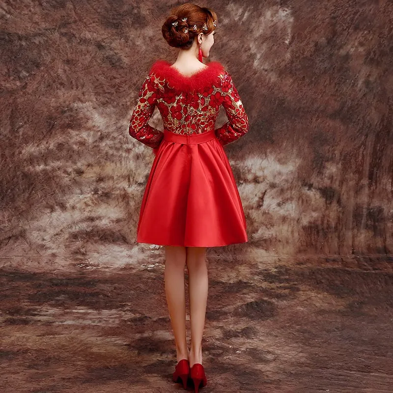 Brocade Top Satin Skirt Chinese Wedding Party Dress with Fur Neck & Cuff