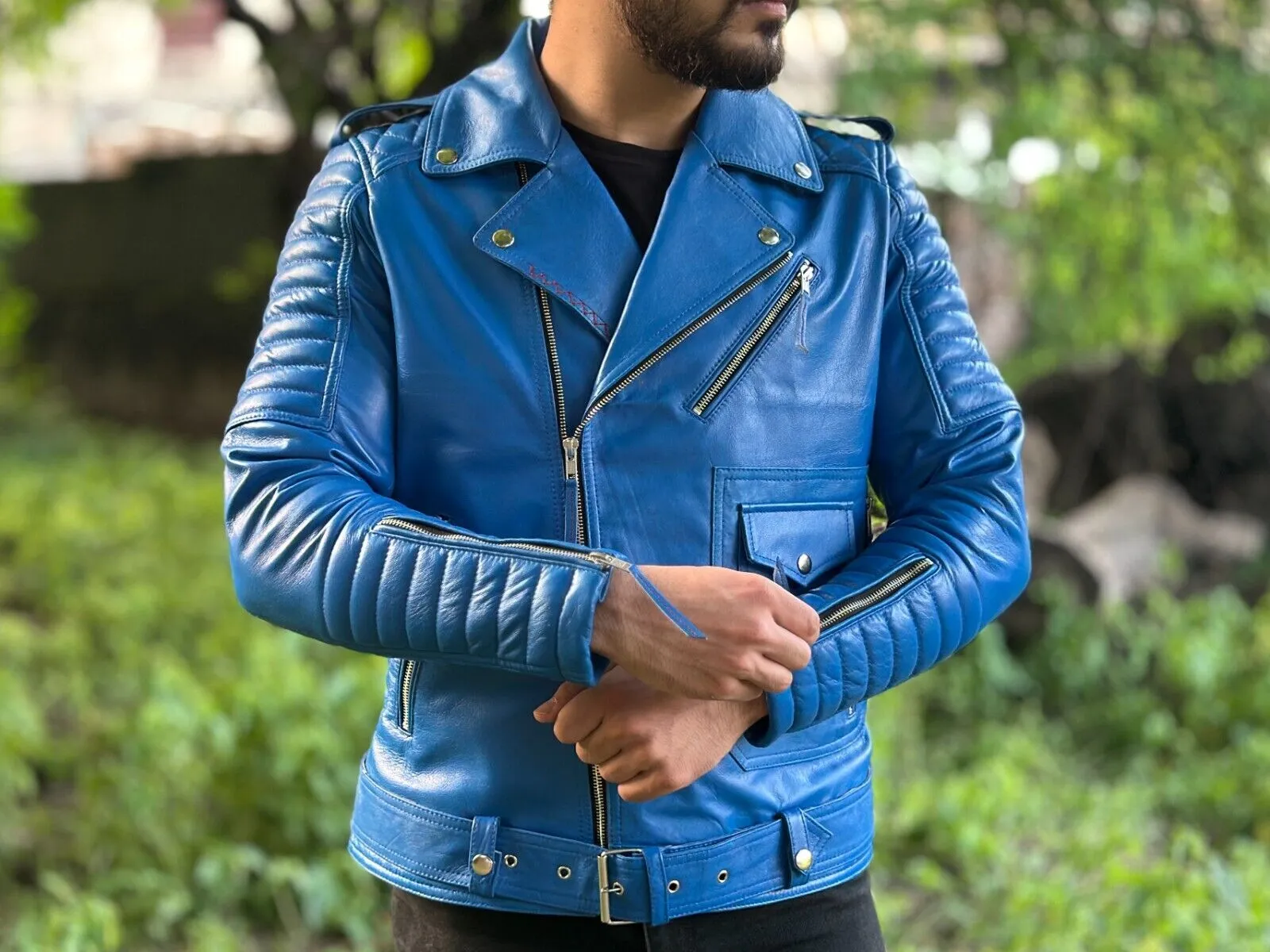 Brom Genuine Biker Motorcycle Leather Jacket Men Blue