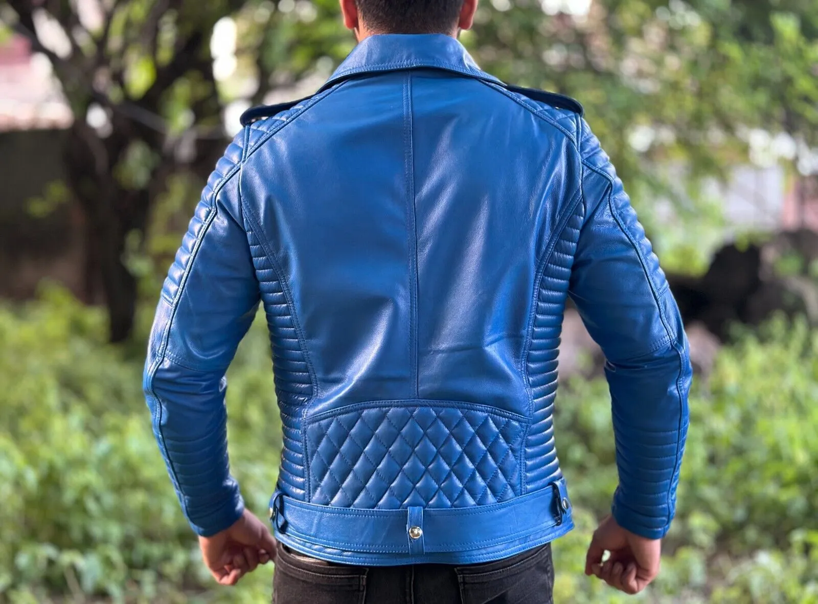 Brom Genuine Biker Motorcycle Leather Jacket Men Blue