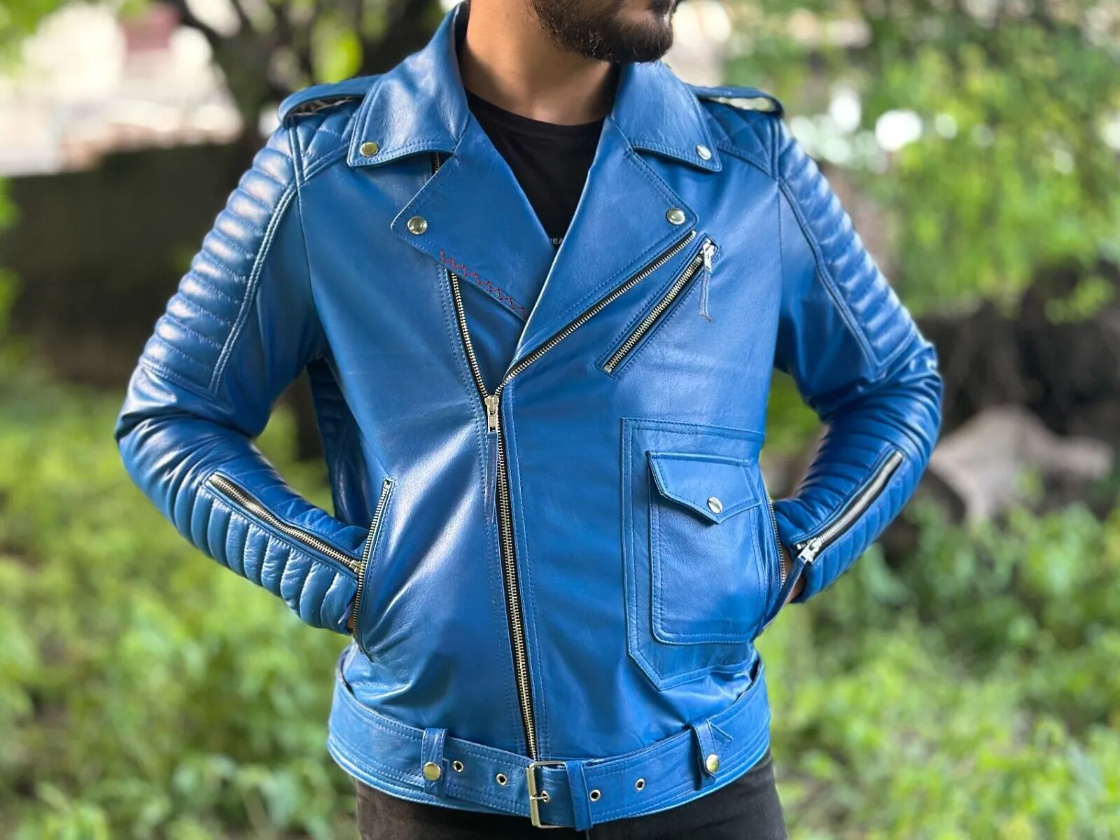 Brom Genuine Biker Motorcycle Leather Jacket Men Blue