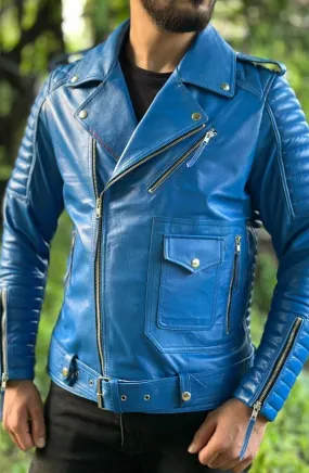 Brom Genuine Biker Motorcycle Leather Jacket Men Blue