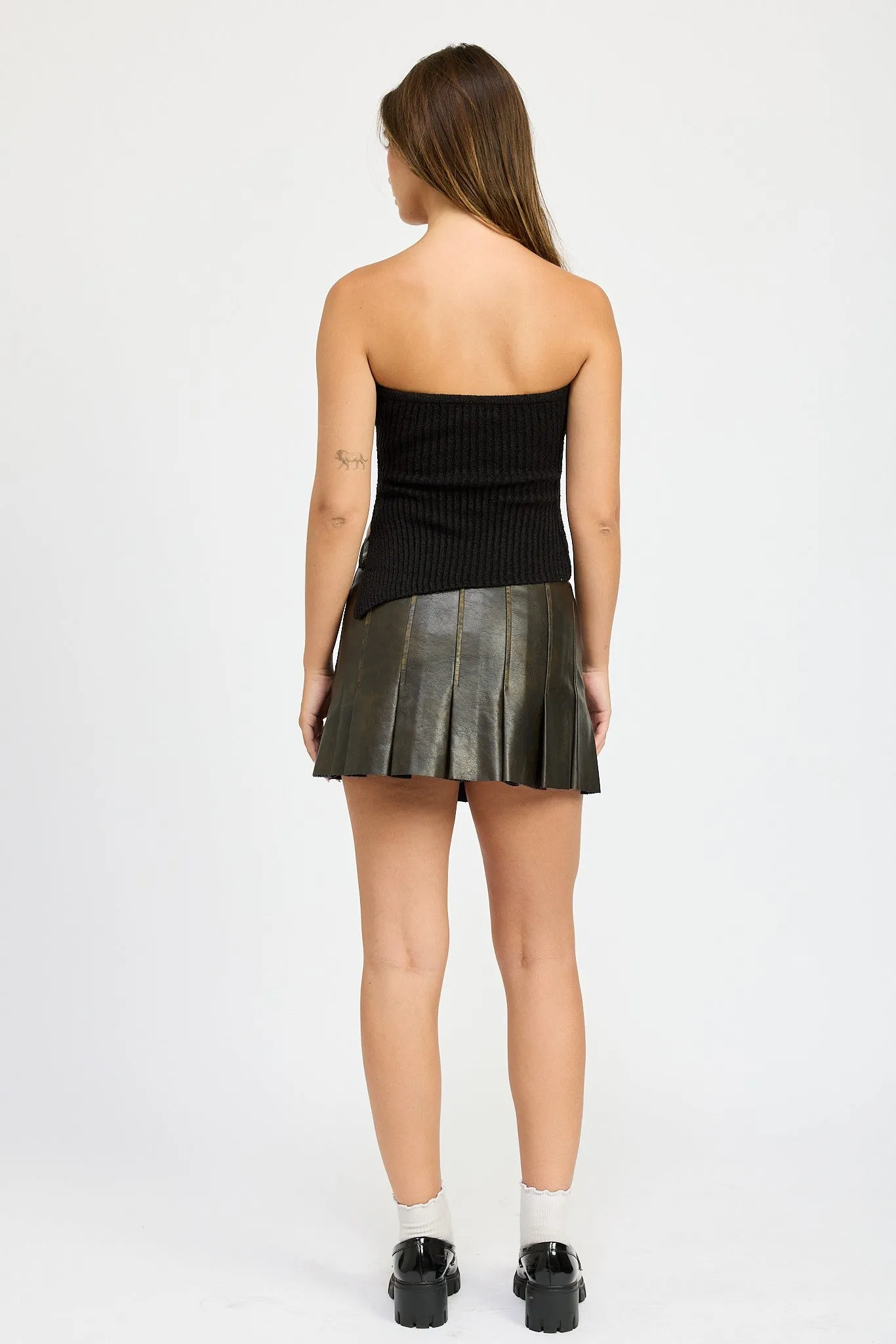 Brown Faux Leather Mini Pleated Skirt