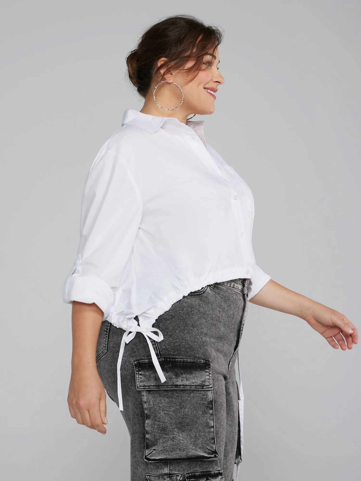 Button-Down Shirt with Curved Drawstring Hem