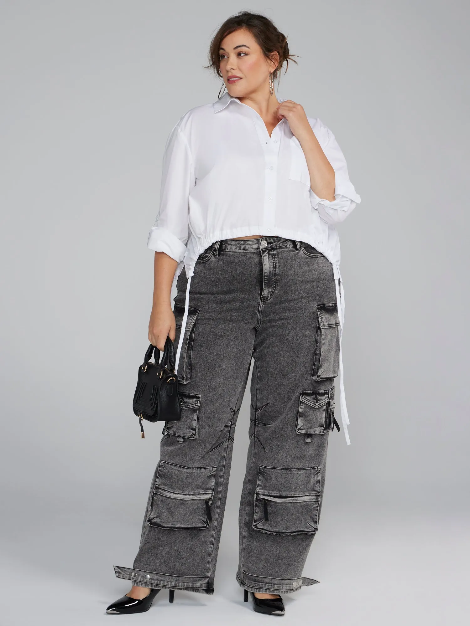 Button-Down Shirt with Curved Drawstring Hem