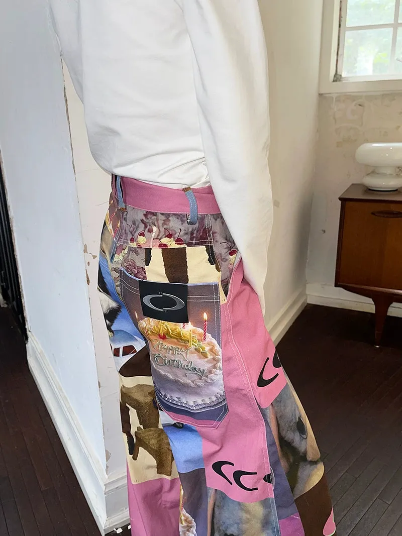Cat Print Cake Birthday Wide-Leg Pants